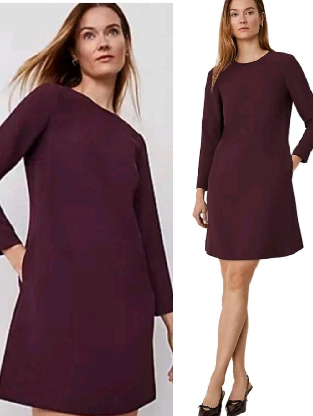 ANN TAYLOR Long Sleeve Crepe Shift Dress Size 12 Plum Rose Purple Burgundy